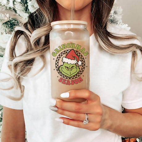 Grinchmas Frosted Iced Coffee Glass Christmas Tumbler with Straw and Lid