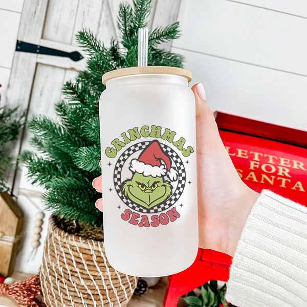 Grinchmas Frosted Iced Coffee Glass Christmas Tumbler with Straw and Lid