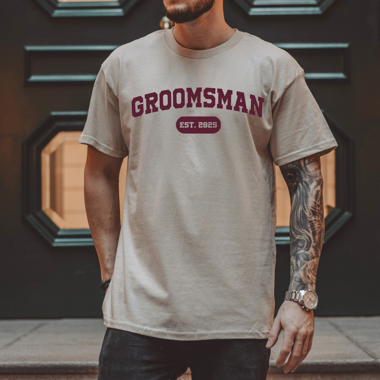 Custom groomsman shirt featuring personalized EST year detail, perfect groomsmen proposal or bachelor party gift.