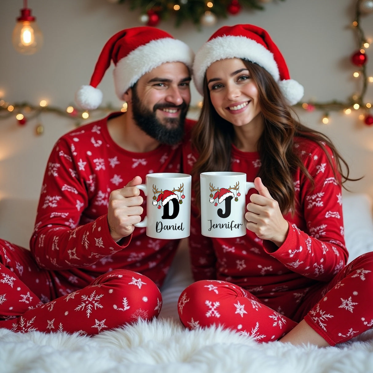 Couples matching Christmas mugs for the holidays, personalized with your name and initial.