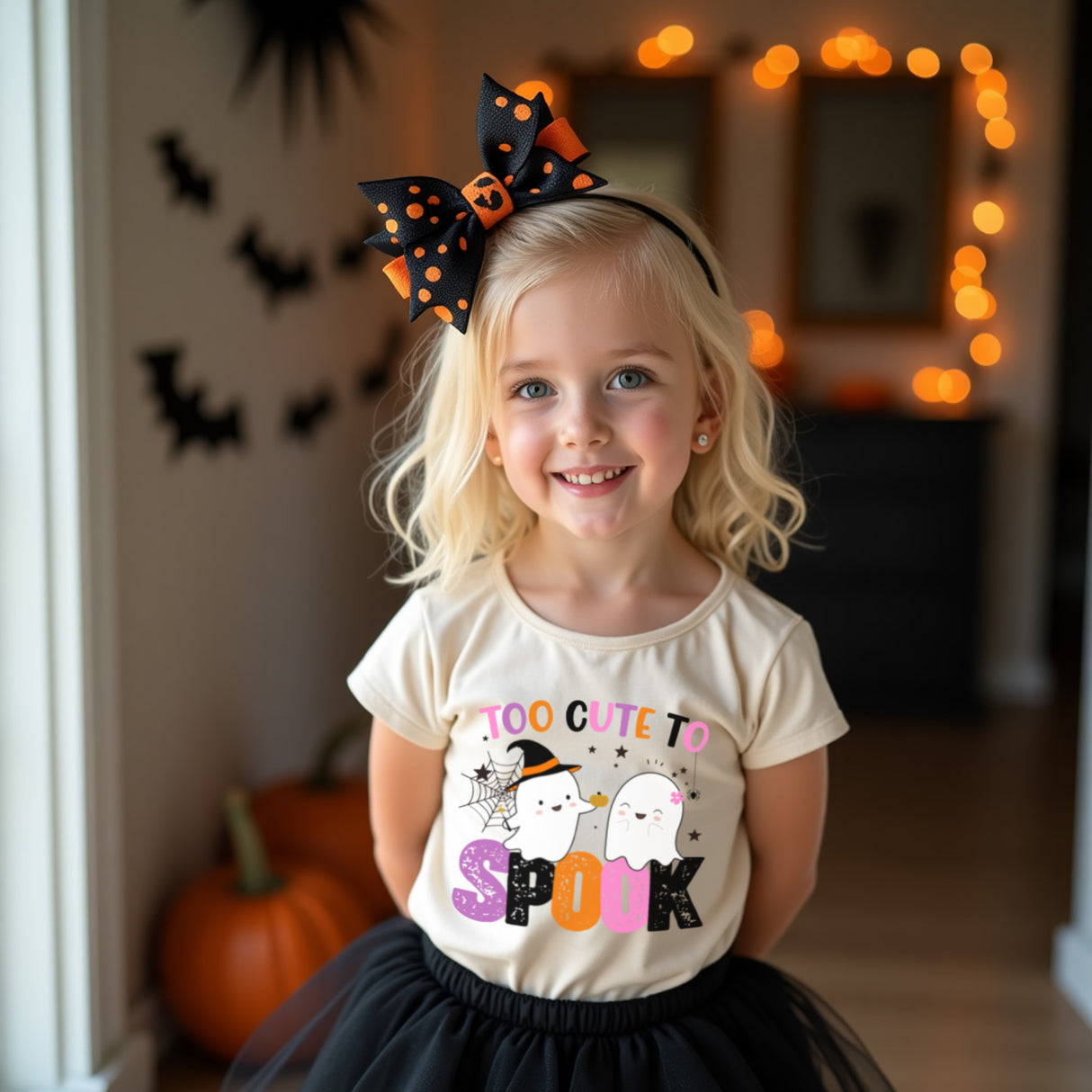 Cute girls Halloween outfit, with too cute to spook shirt.