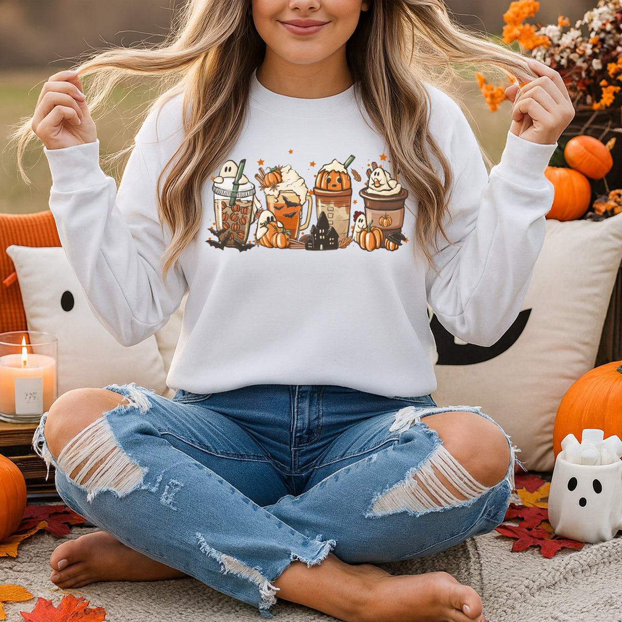 Halloween sweatshirt for women in various colors and sizes. This design showcases various lattes with a few small friendly ghosts. all SKUs