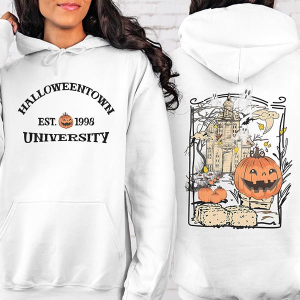 Halloweentown University Halloween Hoodie in sizes SM to 5XL. This festive hoodie features a design on the front and back.