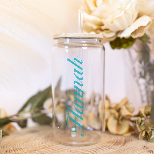Personalized Iced Coffee Glass Tumbler with Lid and Straw and Custom Name or Title - Gifts Are Blue