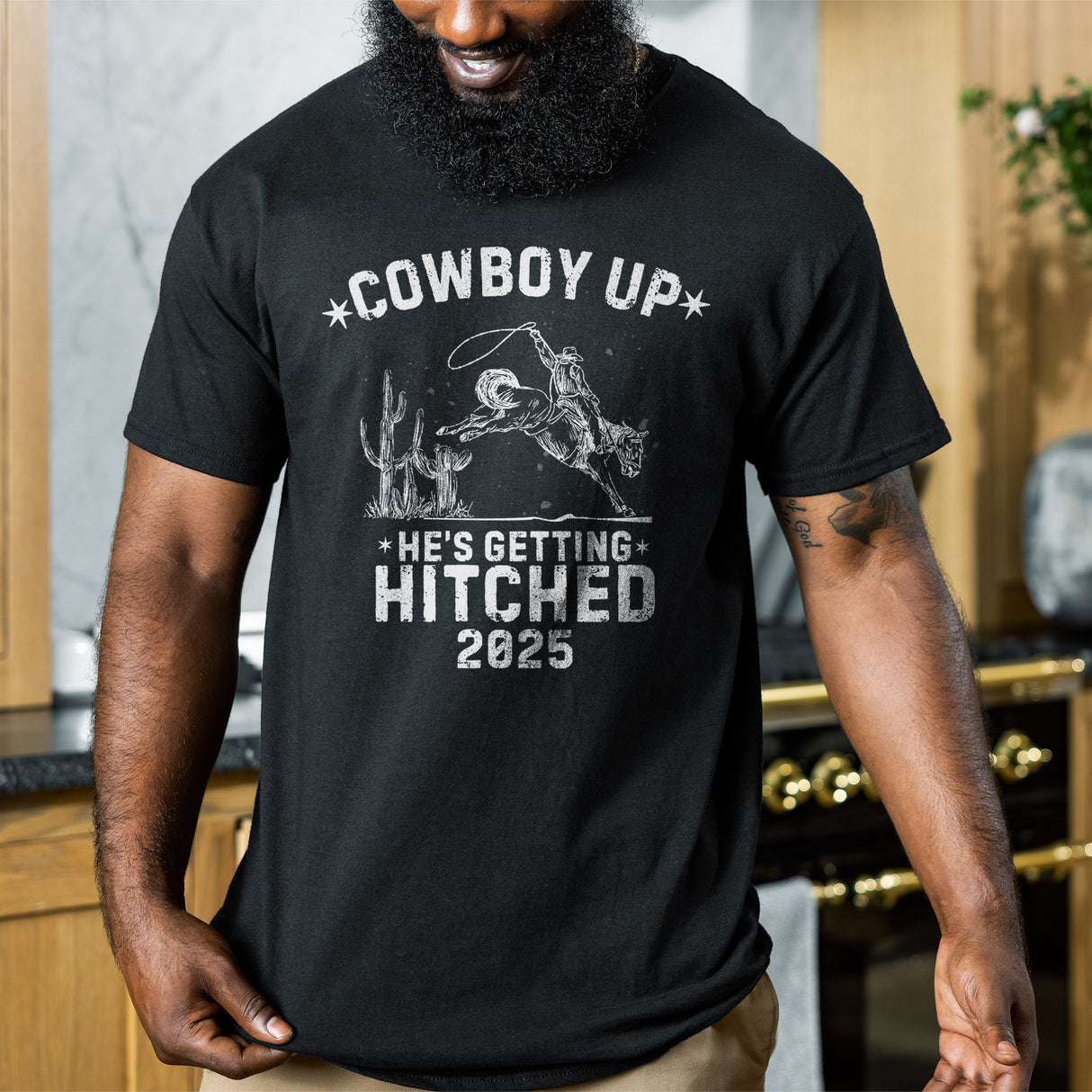 Funny bachelor party shirt featuring Cowboy Up text, perfect humorous wedding party outfit for guys’ night out.