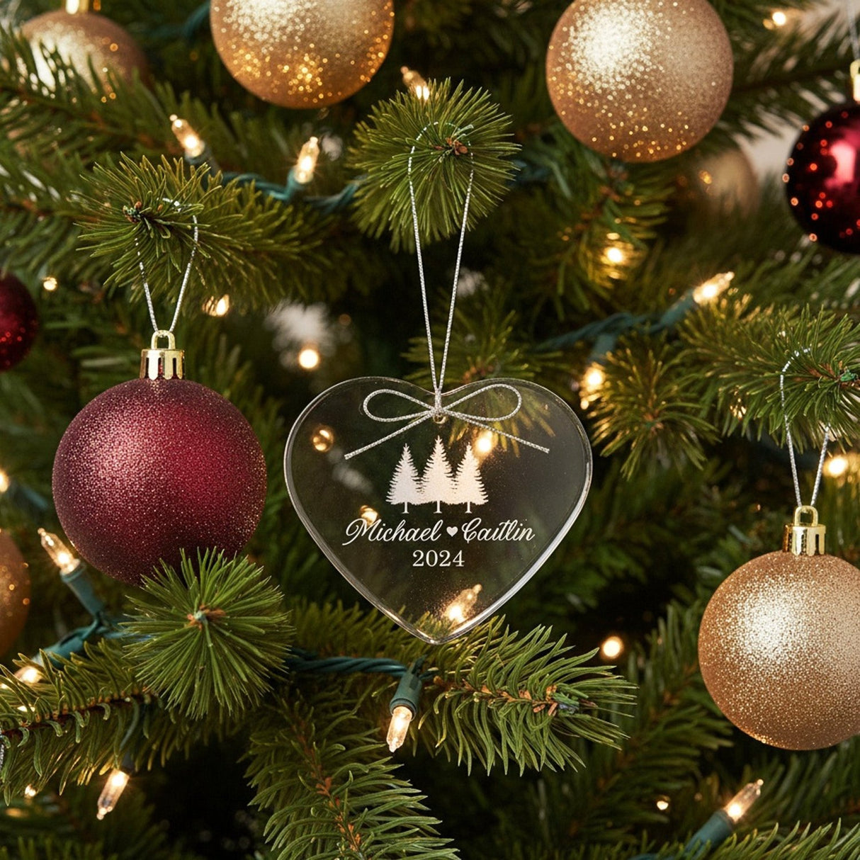 Couple Names w Trees Personalized Crystal Ornament for Christmas with Gift Box, Variety of Shapes - Gifts Are Blue