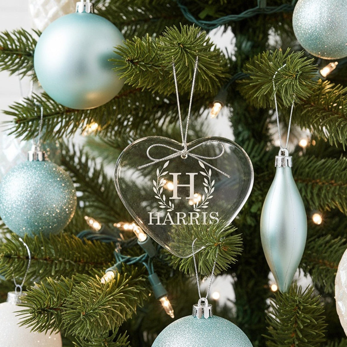 Wreath Initial Last Name Personalized Crystal Ornament for Christmas with Gift Box, Variety of Shapes - Gifts Are Blue