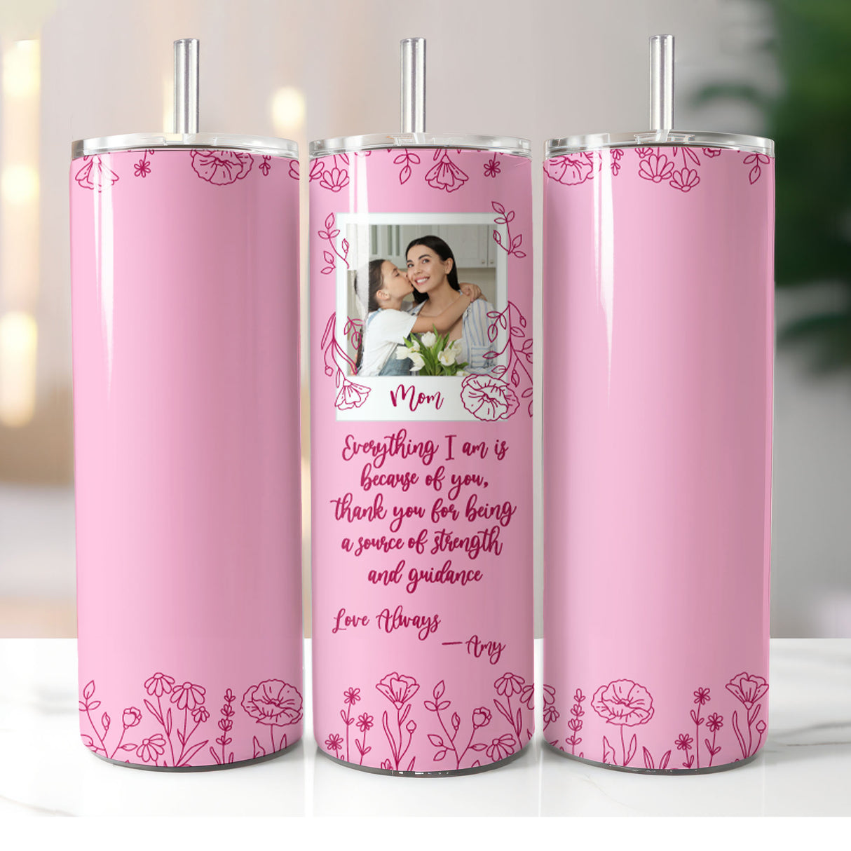 Pink personalized photo collage tumbler with floral design, perfect Mother's Day gift for mom.