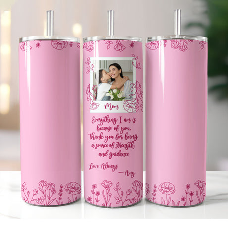 Pink personalized photo collage tumbler with floral design, perfect Mother's Day gift for mom.