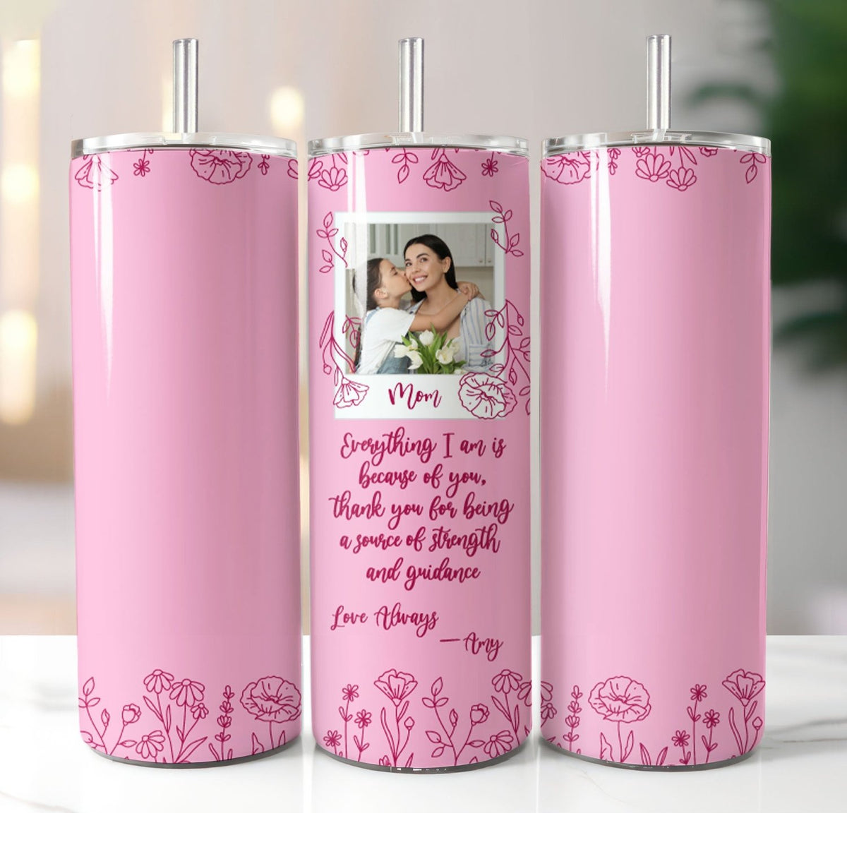 Pink personalized photo collage tumbler with floral design, perfect Mother's Day gift for mom.
