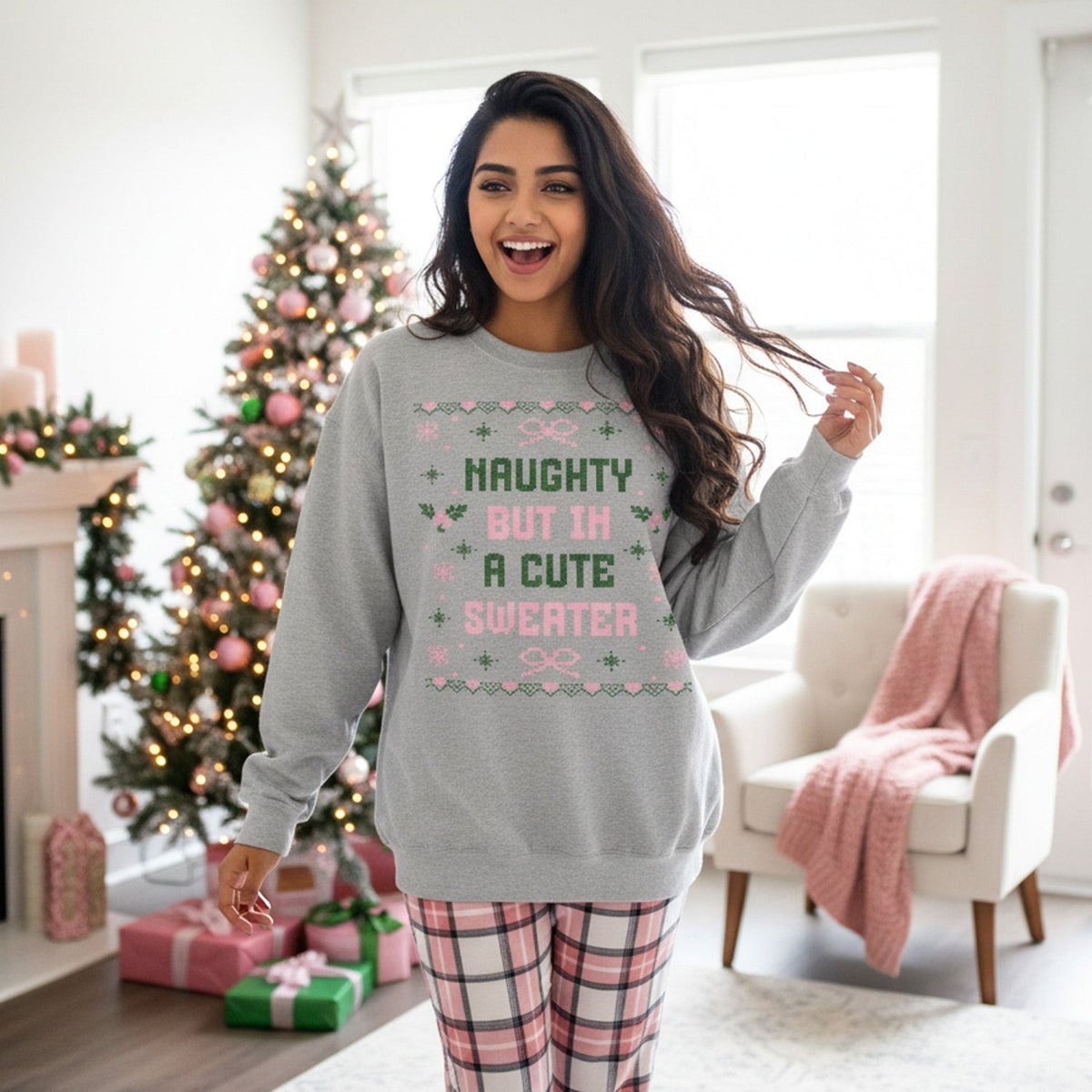 Naughty But in a Cute Sweater Christmas Sweatshirt for Her - Gifts Are Blue