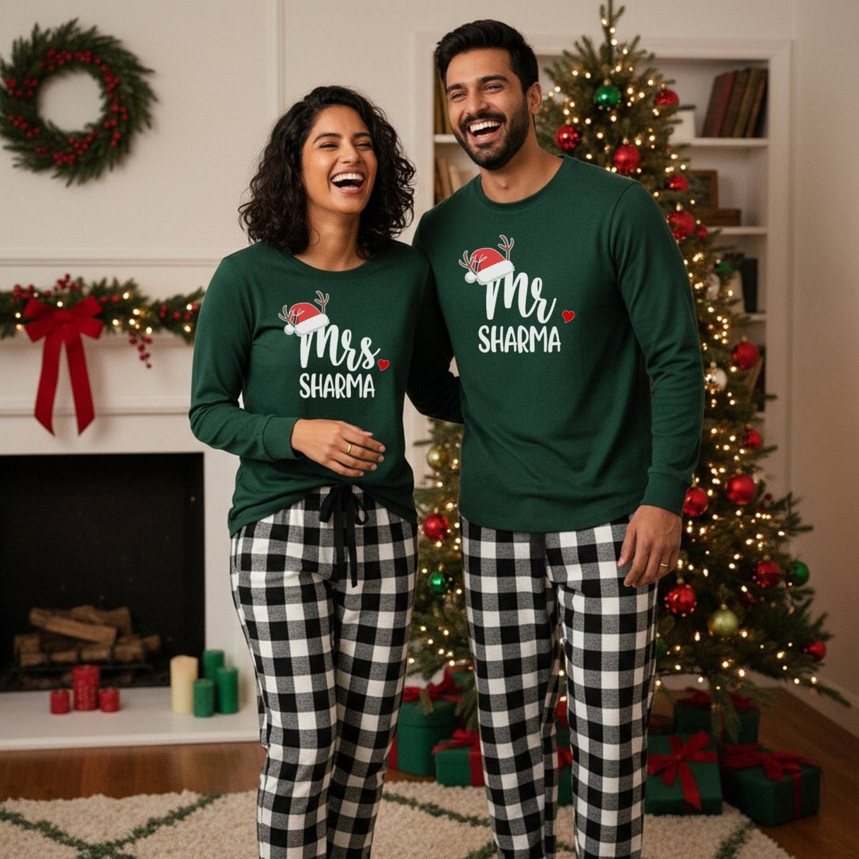 Mr and Mrs Santa Hat Personalized Matching Couples Christmas Pajama Set with Black Plaid Pants - Gifts Are Blue