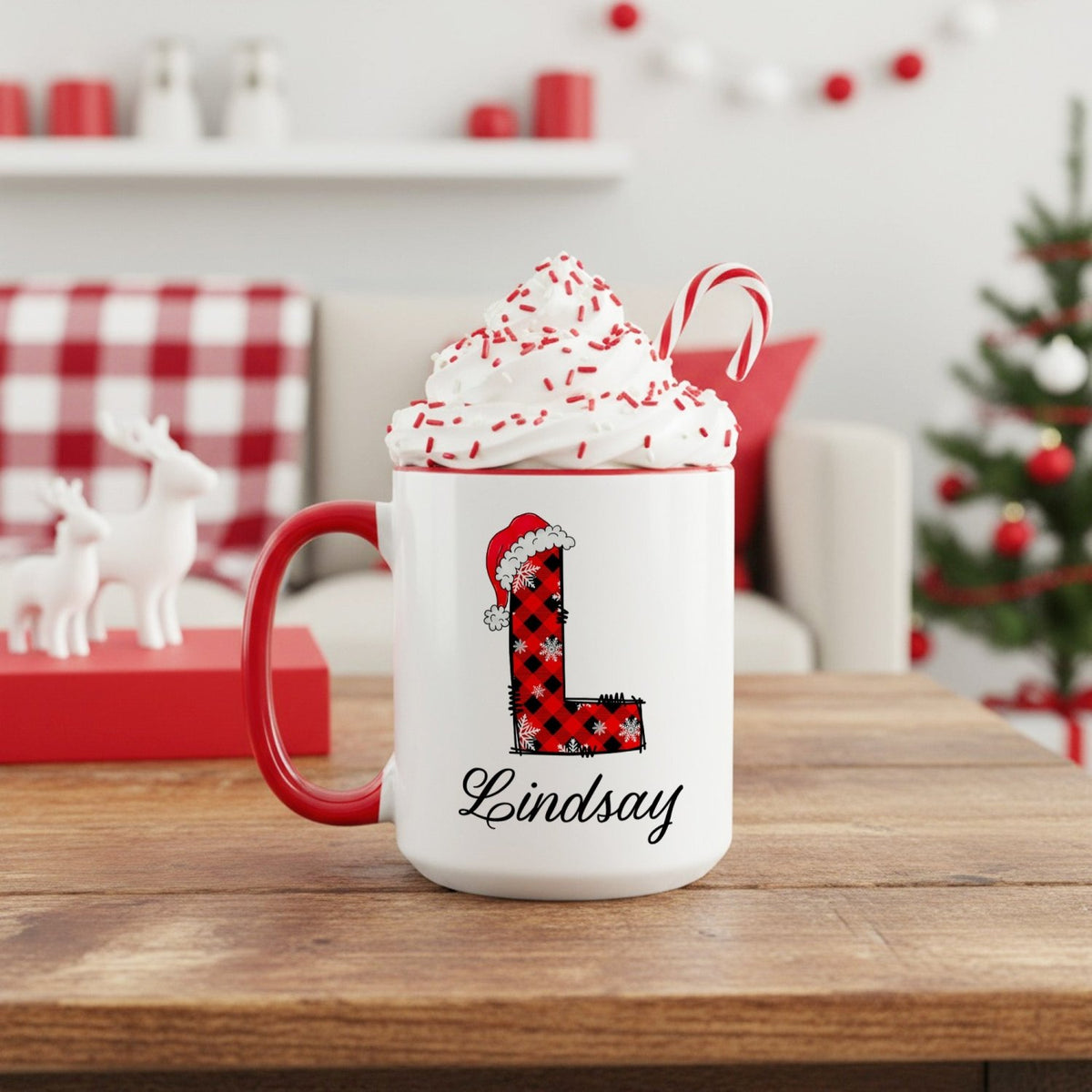Red and Black Plaid Initial Personalized Christmas Mugs for Kids and Adults - Gifts Are Blue