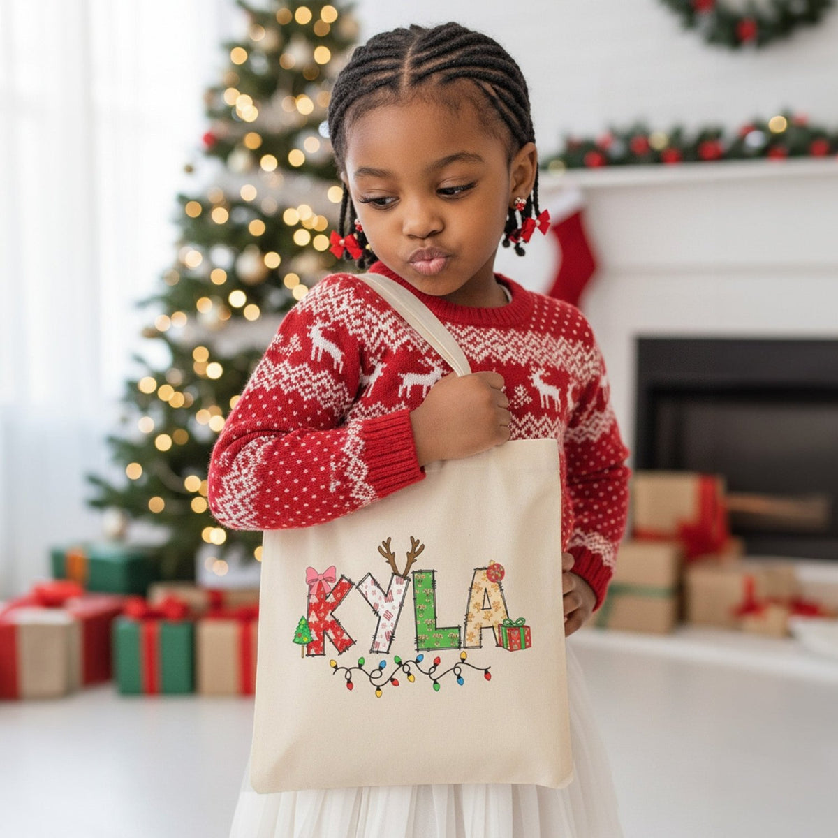 Xmas Alphabet Lights Personalized Christmas Treat Bags for Kids - Gifts Are Blue