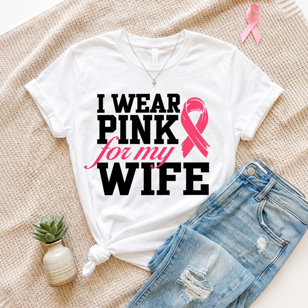 I Wear Pink For My Wife Breast Cancer Awareness Month T-Shirt - Gifts Are Blue