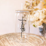 Iced Coffee Cup with the word Faith written vertically.  It offers a minimalistic design.  Gift for Christians or as a motivational or encouraging gift.
