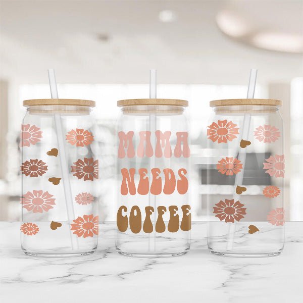 Iced Coffee Cup Tumbler with lid and straw. This is a 16oz glass tumbler with Mama Needs Coffee print and floral design.