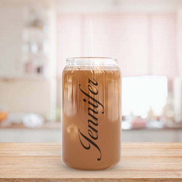 Personalized Iced Coffee Glass Tumbler with Lid and Straw and Custom Name or Title - Gifts Are Blue