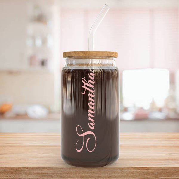 Personalized Iced Coffee Cup with Name. This is a 16oz glass tumbler with lid and straw. Great as Mothers Day Gift, Bridesmaid Gifts and more.
