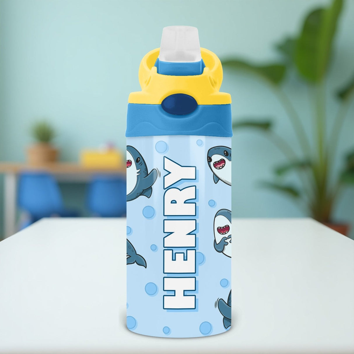 Personalized shark water bottle for kids with name, ideal for school, camp, or custom back to school gifts.