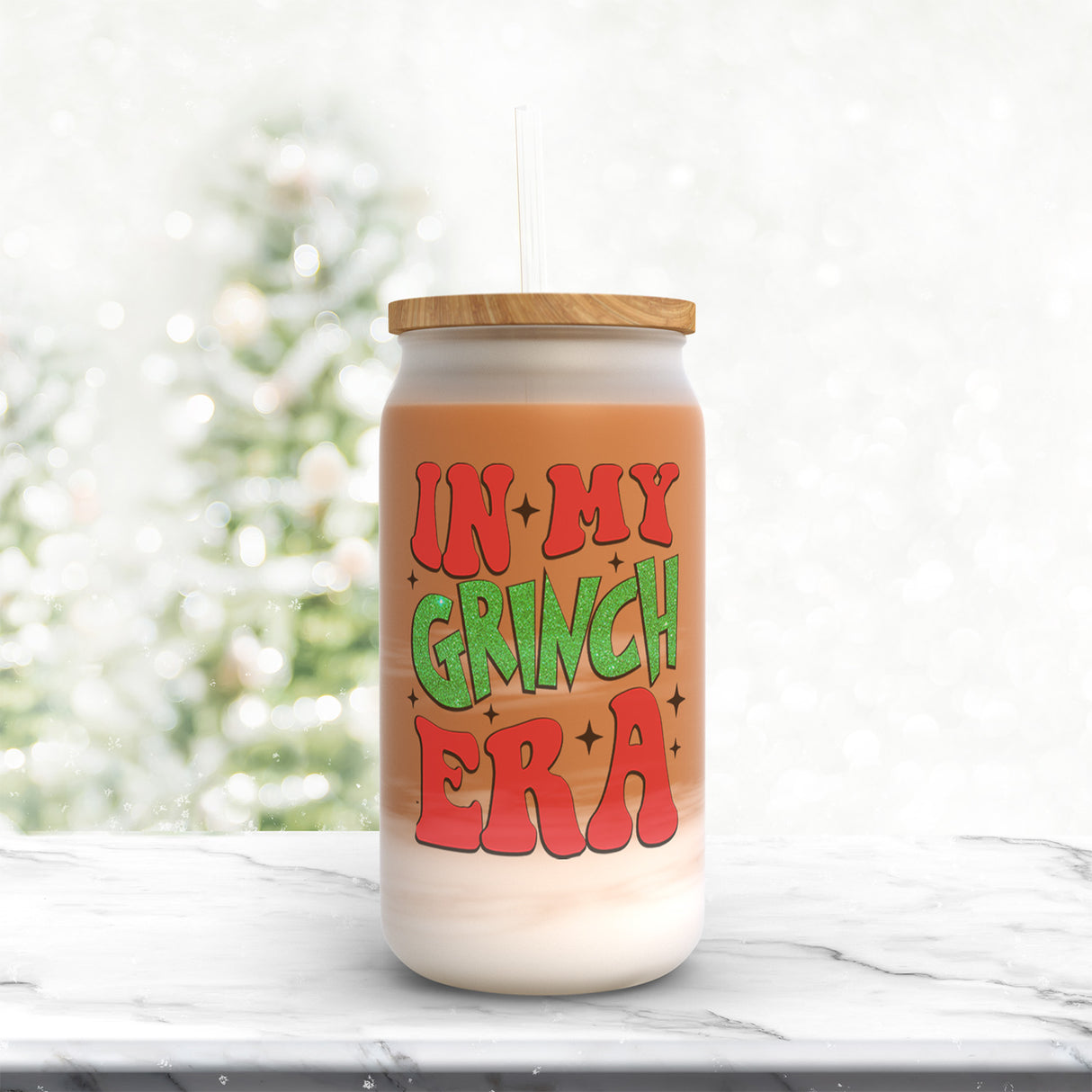 Funny In My Grinch Era Frosted and Clear Iced Coffee Glass Christmas Tumbler