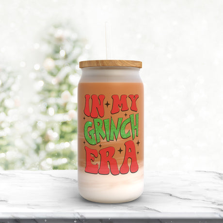 Funny In My Grinch Era Frosted and Clear Iced Coffee Glass Christmas Tumbler