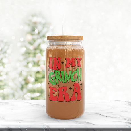 Funny In My Grinch Era Frosted and Clear Iced Coffee Glass Christmas Tumbler