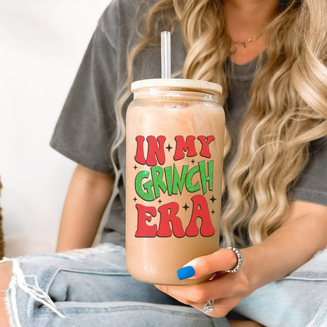In My Grinch Era iced coffee glass tumbler. Cute christmas cups for the holidays.