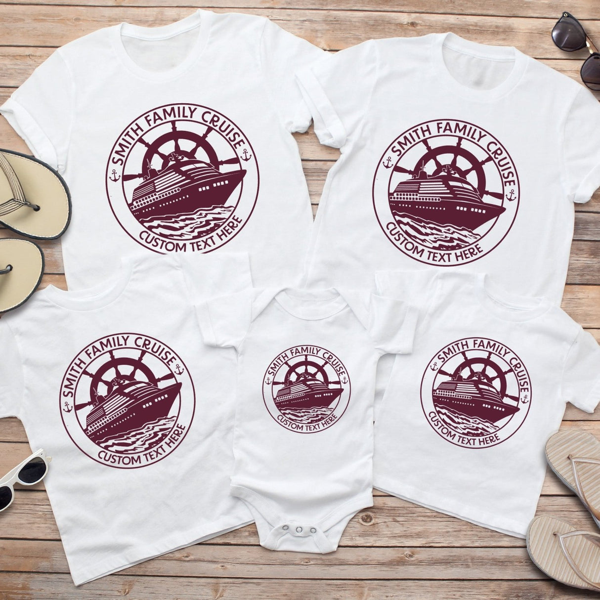 Coordinated matching family cruise shirts for family vacation or family reunion.