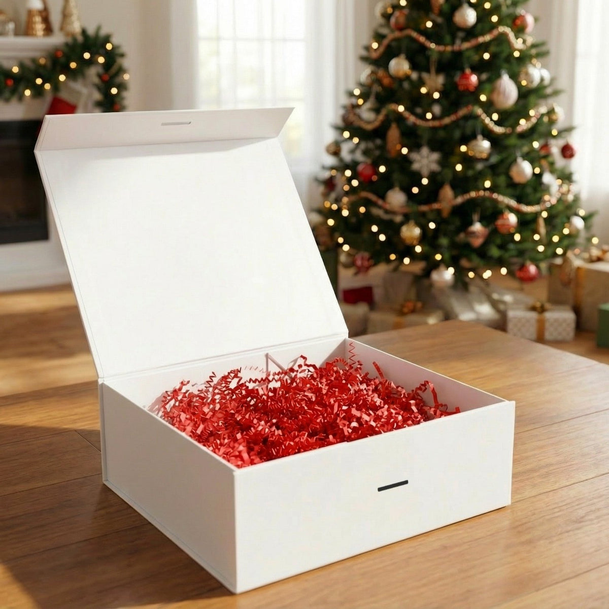 Multi Design Personalized Empty Christmas Gift Boxes w Magnetic Lid, Bow and Crinkle Paper - Gifts Are Blue