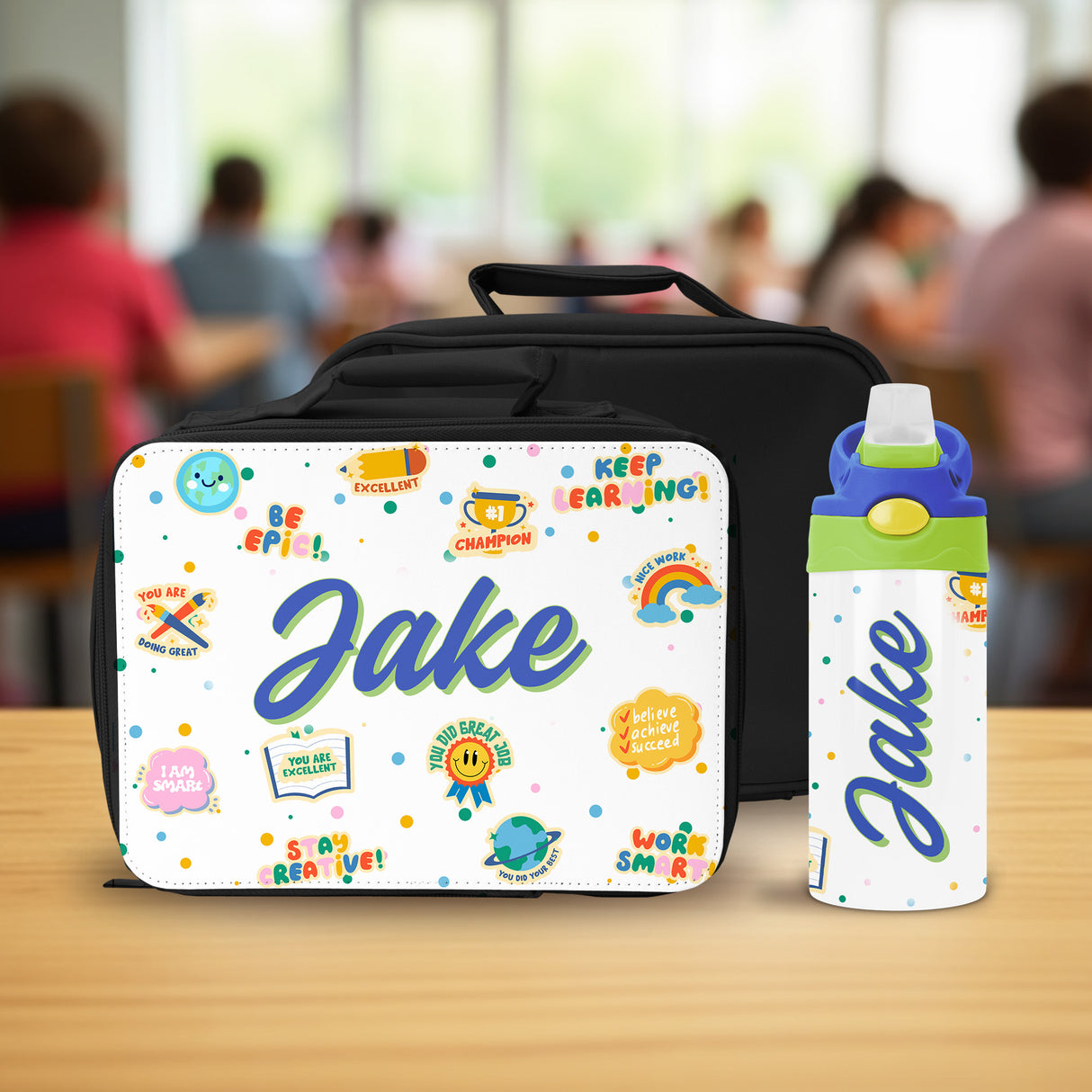 This custom lunch box and water bottle set for children includes affirmations and their name, perfect for back to school season.