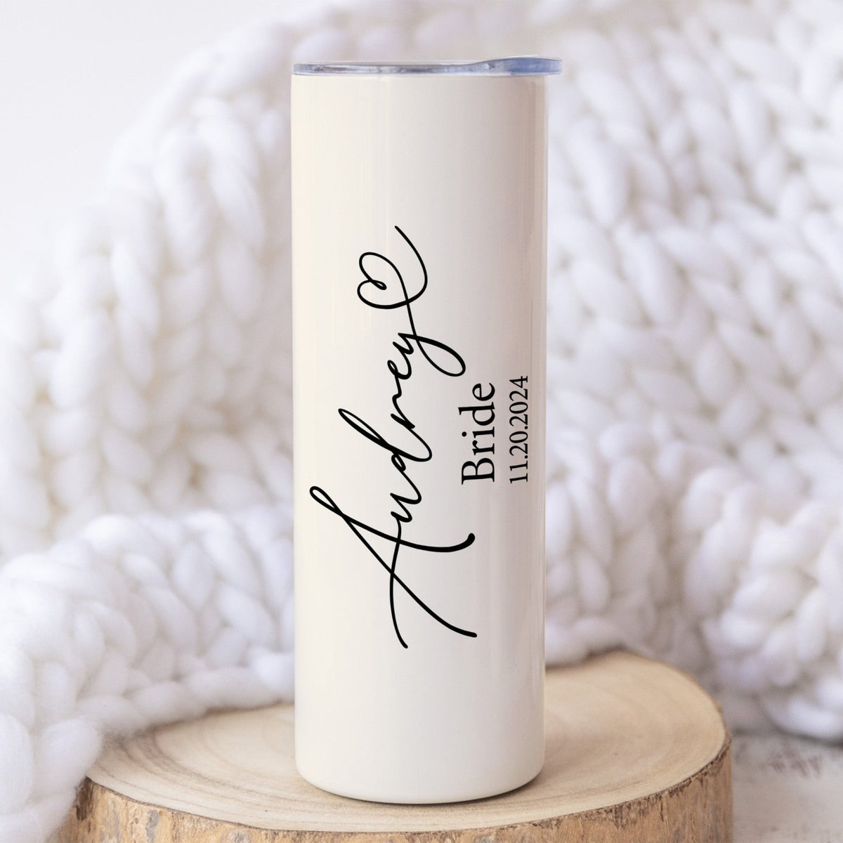 Bridesmaid gift tumbler with personalized name and bridal role. Custom bachelorette party tumbler with date and cursive font