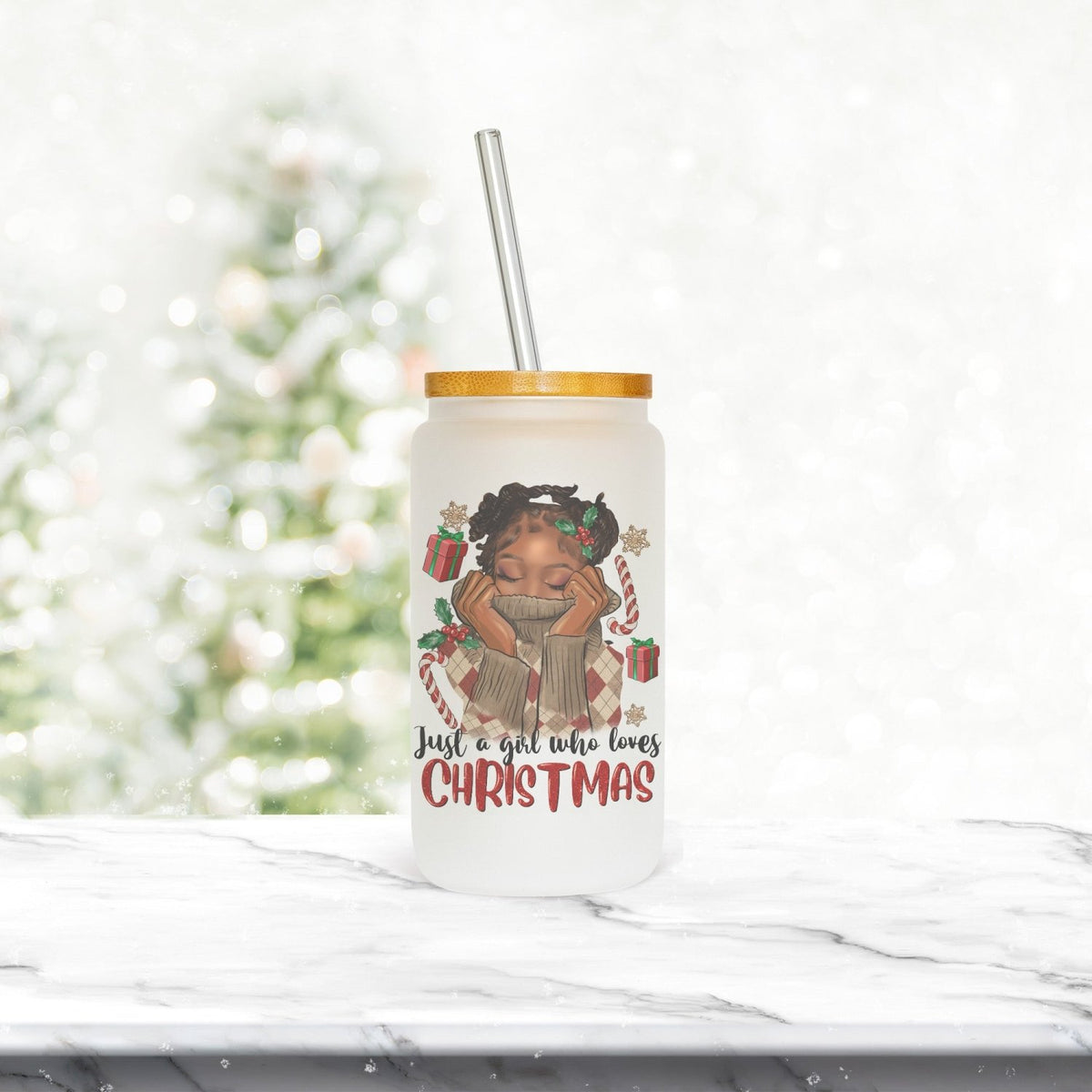 Just a Girl Who Loves Christmas Frosted Iced Coffee Glass Tumbler - Gifts Are Blue