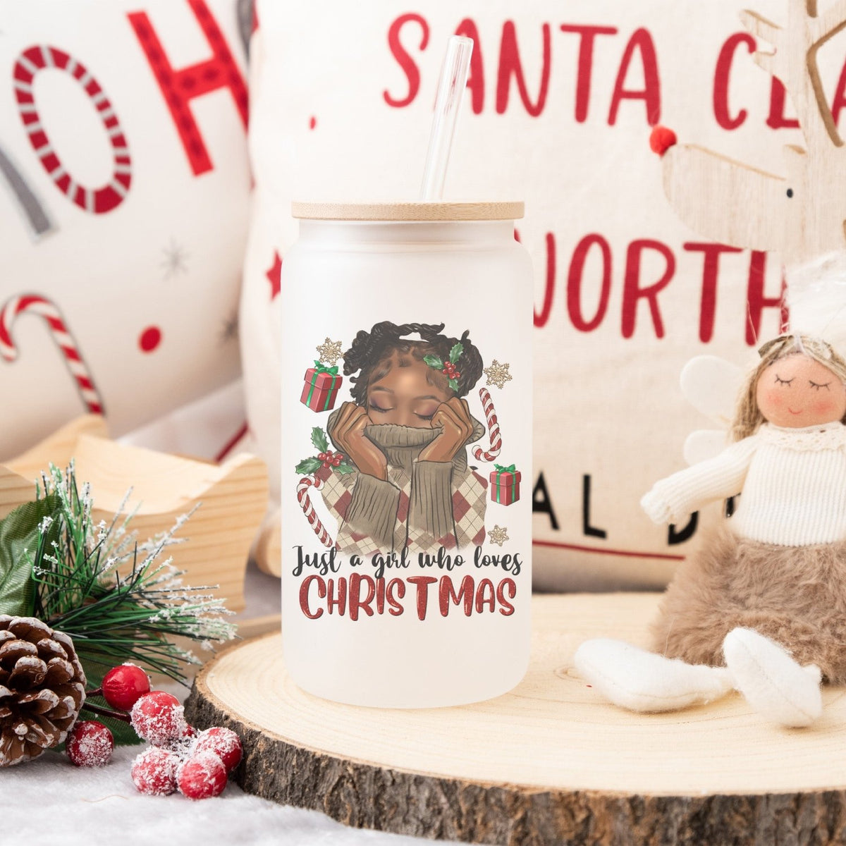 Just a Girl Who Loves Christmas Frosted Iced Coffee Glass Tumbler - Gifts Are Blue