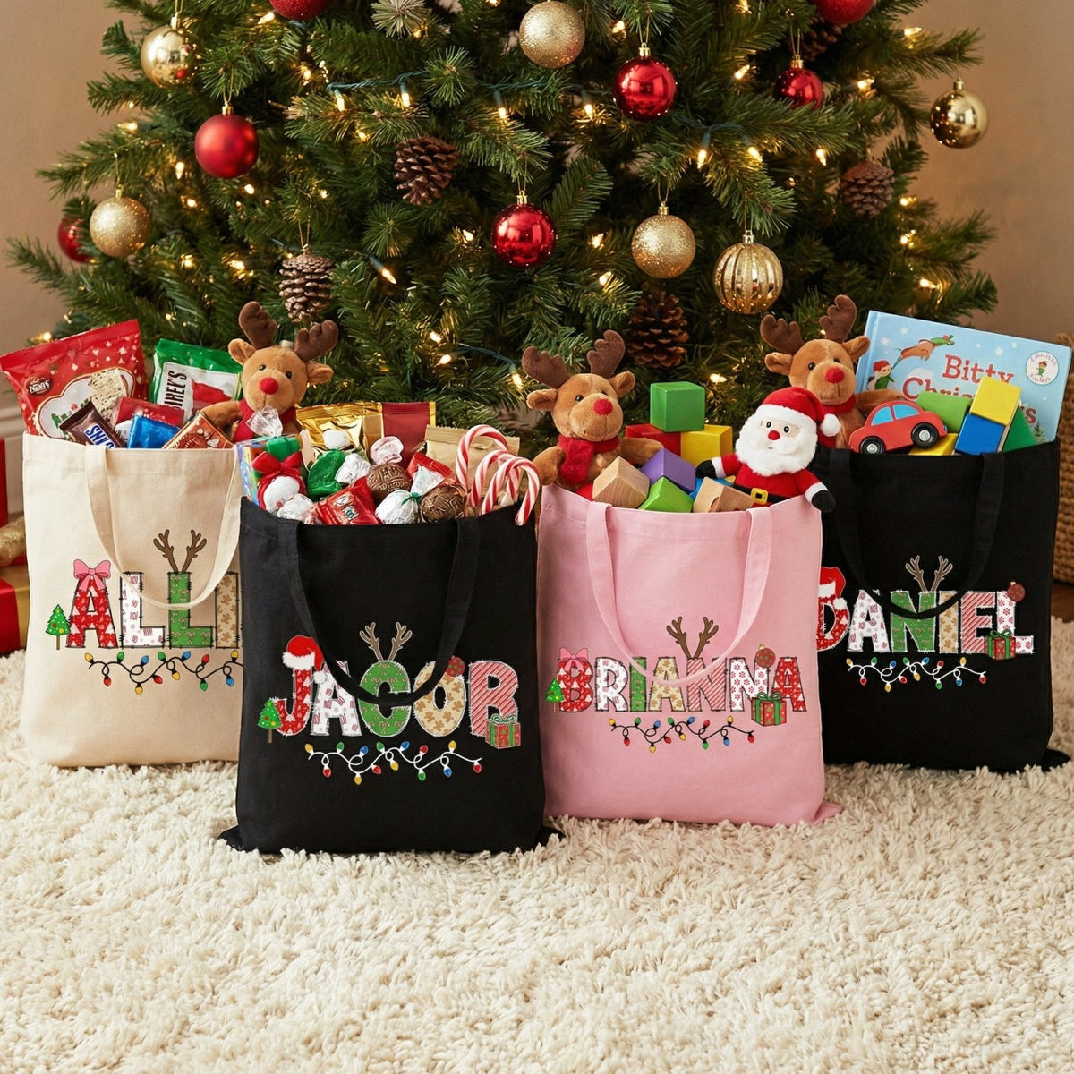 Xmas Alphabet Lights Personalized Christmas Treat Bags for Kids - Gifts Are Blue