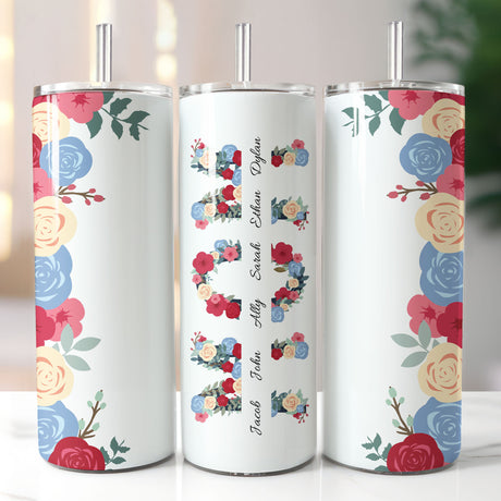 White and Pastel Personalized floral tumbler for mom with kids names, custom Mother’s Day gift.