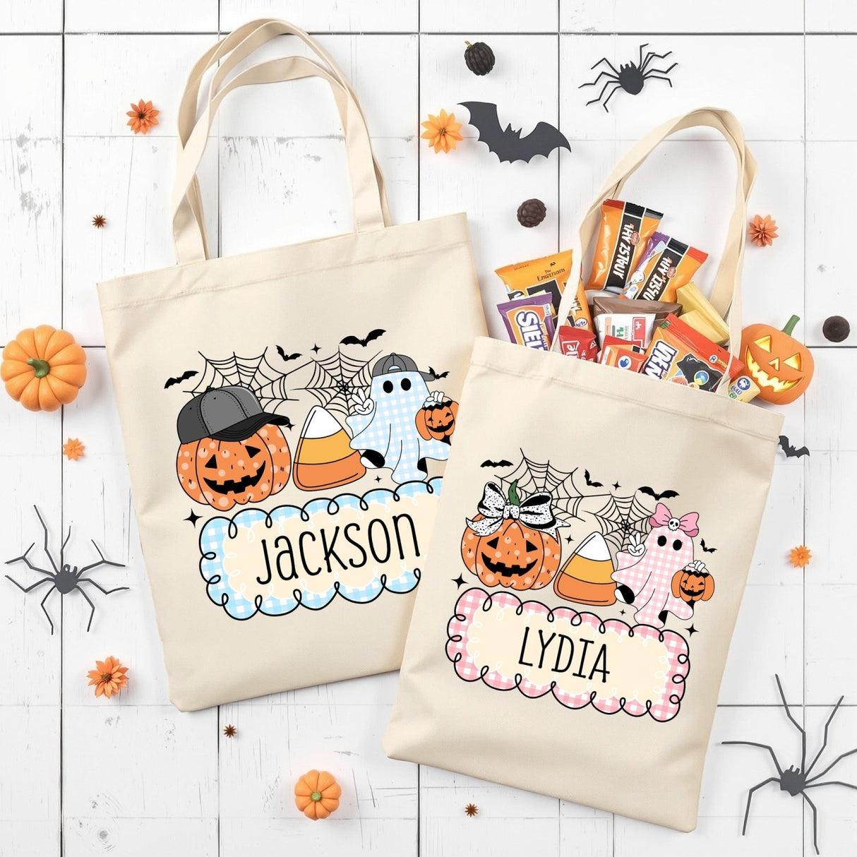 Pink and Blue Name Tag Personalized Halloween Bag for Girls and Boys, Custom Trick or Treat Bags - Gifts Are Blue