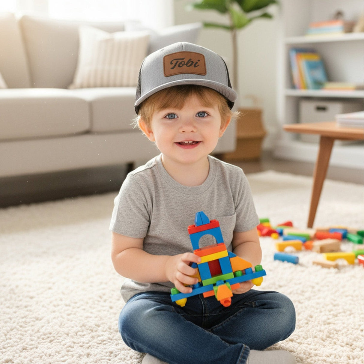 Youth Personalized Snapback Hat with Leather Patch, for Teen Boys & Kids - Gifts Are Blue
