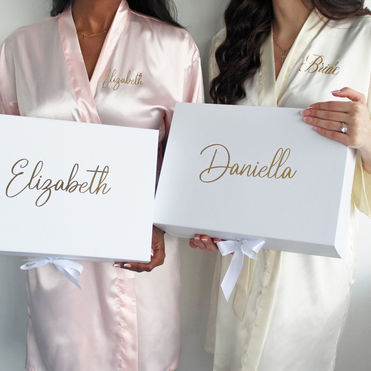 Bridal party gift box for bridesmaid and maid of honor proposals, featuring custom text, name personalization, and elegant packaging for wedding keepsakes and engagement gift sets.