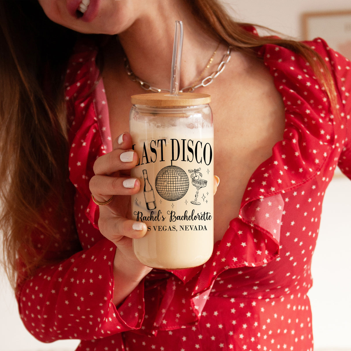 Reusable iced coffee tumbler with bamboo lid, ideal for custom bride tribe gifts during Vegas, Miami, or Scottsdale bachelorette weekends.