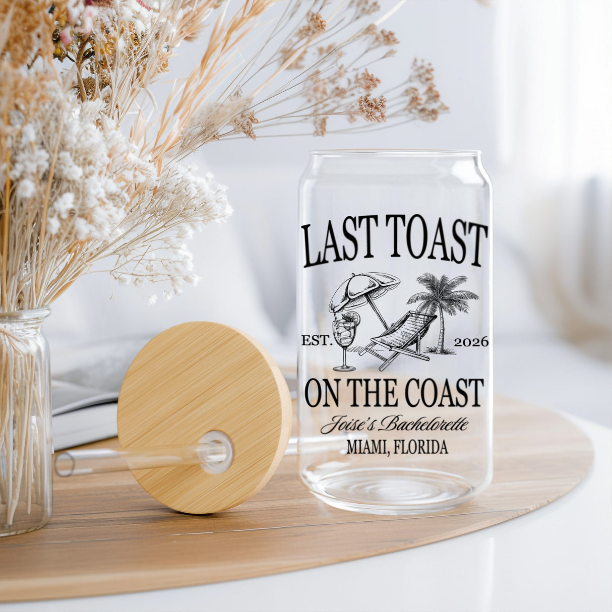 A fun and thoughtful bachelorette gift, this custom iced coffee glass can is ideal for bridesmaids and the bride to enjoy matching cups on the coast.