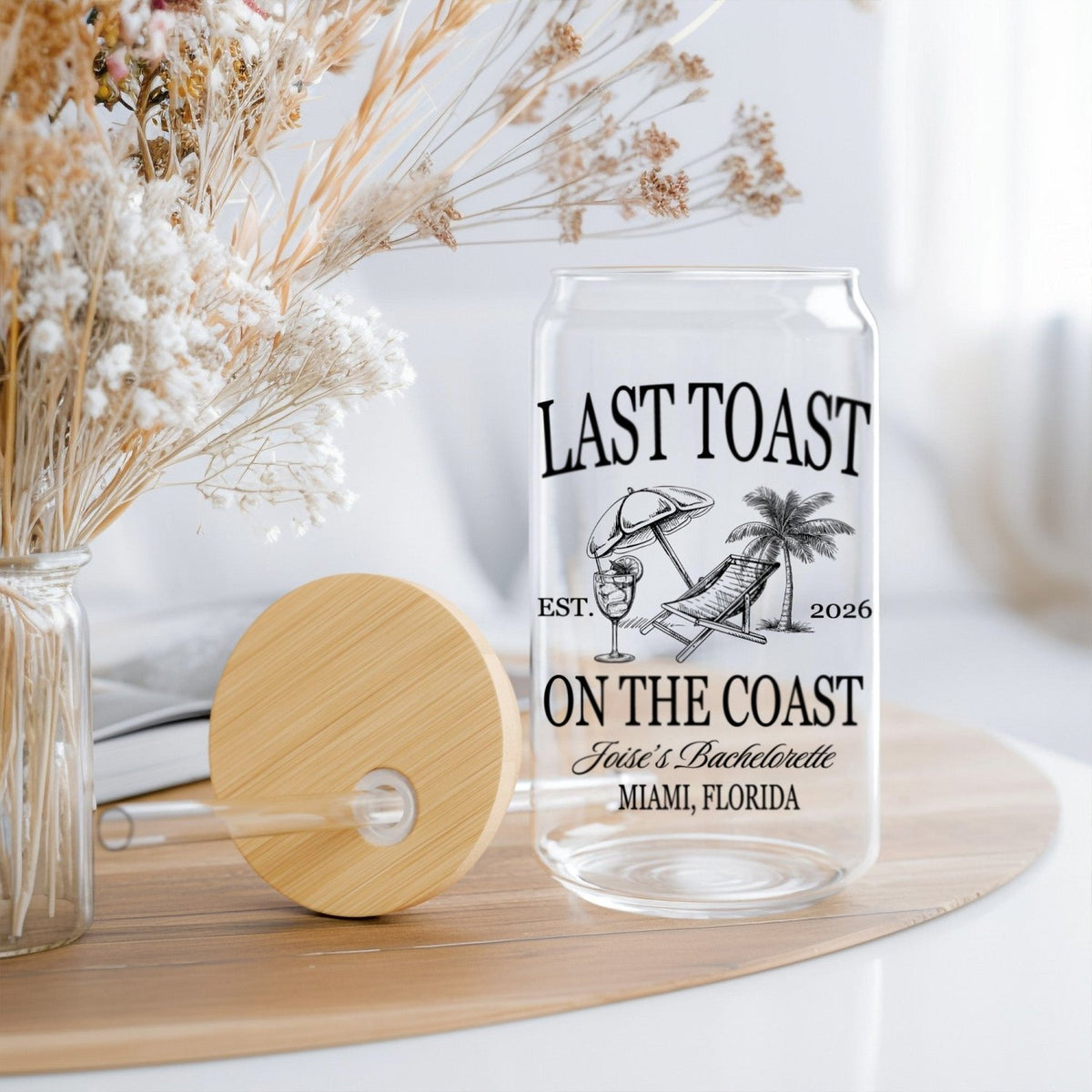 A fun and thoughtful bachelorette gift, this custom iced coffee glass can is ideal for bridesmaids and the bride to enjoy matching cups on the coast.