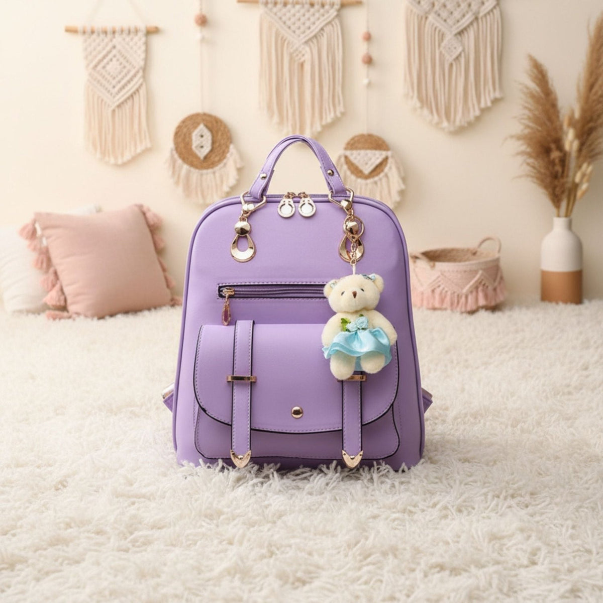 Classic Fashion Backpacks with Teddy Bear Charm - Gifts Are Blue