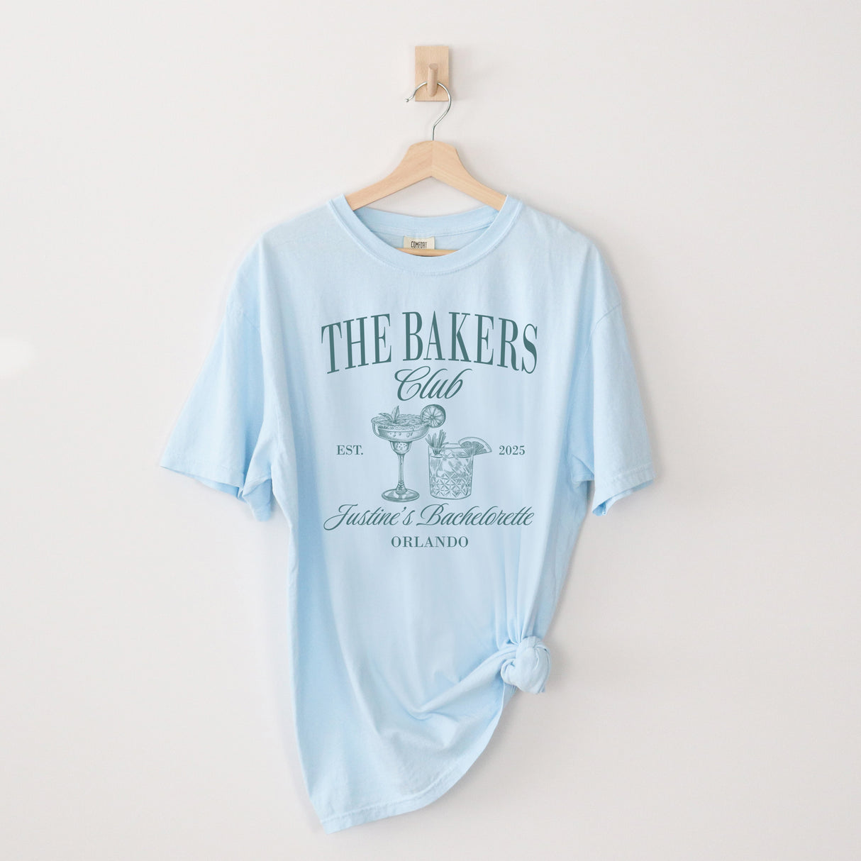 Custom last name shirts for bride and bridal party, perfect for Nashville bachelorette trips, beach weekends, and wedding events.