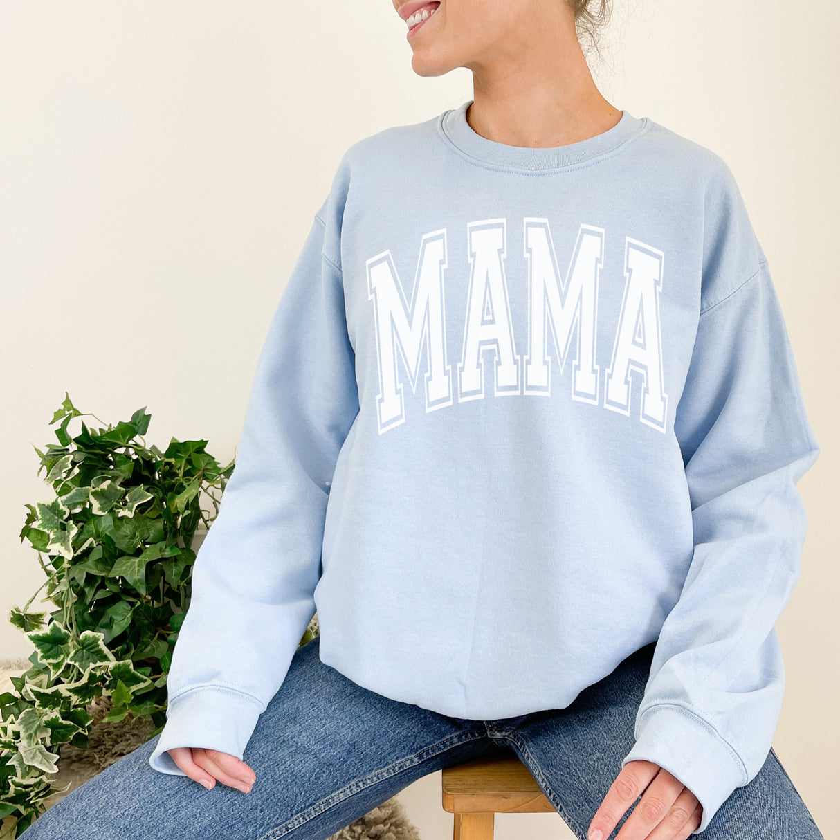 Mama sweatshirt for mothers day gift idea. Minimalist Mama sweatshirt with varsity font, cozy and stylish gift for modern moms.