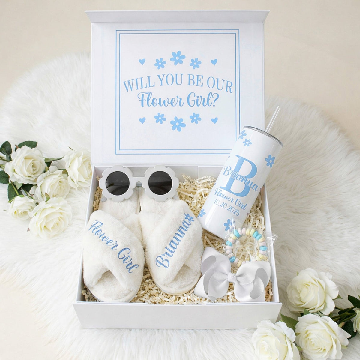 Sweet Pea Flower Girl Proposal Box with Fluffy Slippers & Tumbler - Gifts Are Blue