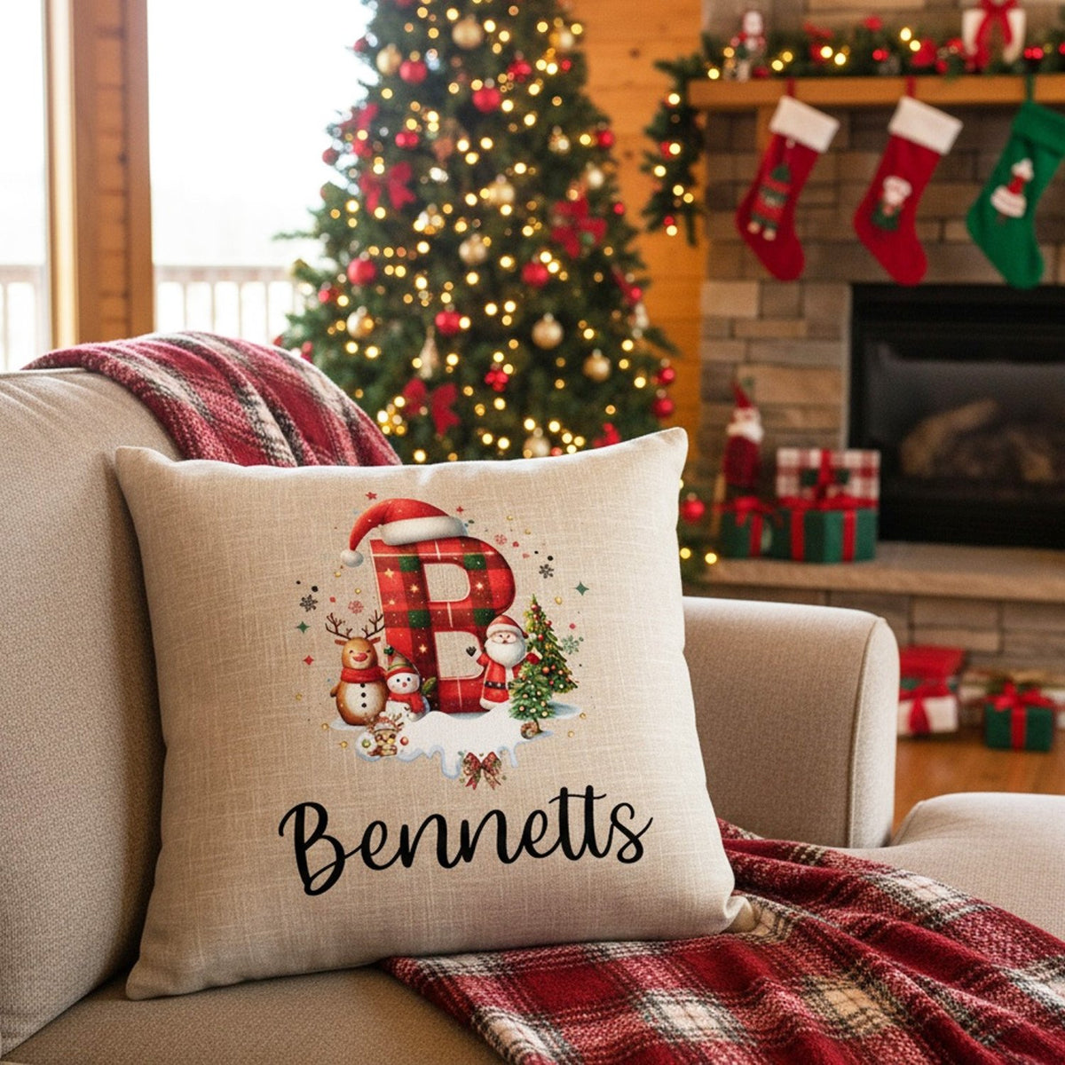 Red and Black Plaid Initial Personalized Christmas Pillow Cover and Add on Insert - Gifts Are Blue