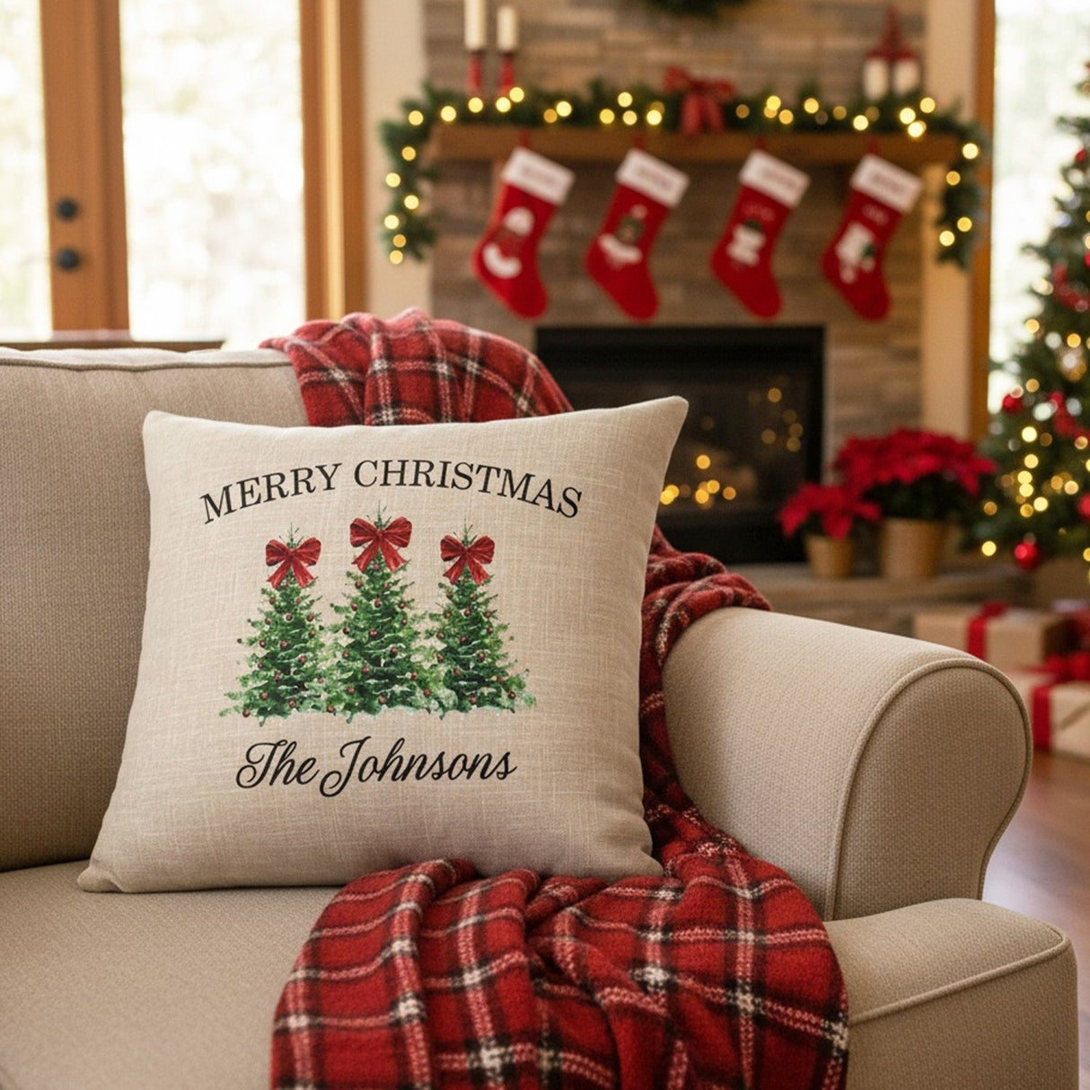 Red Bow & Trees Family Name Christmas Throw Pillow Cover and Add on Insert - Gifts Are Blue