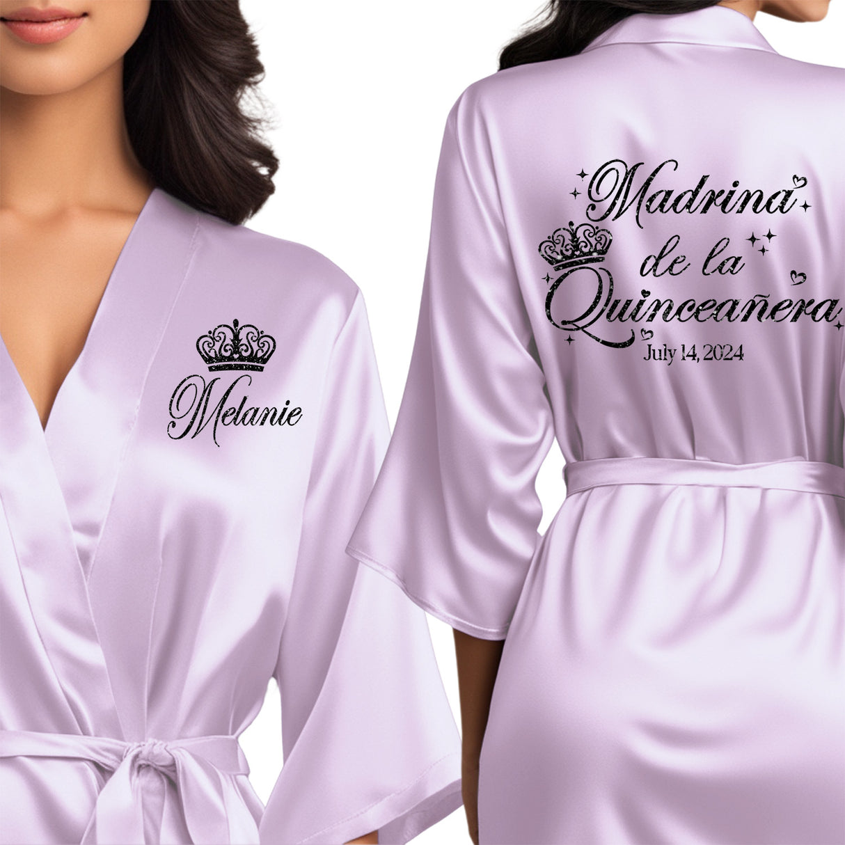 Satin lilac quince robes with black glitter. Madrina de la quinceanera getting ready robes. Perfect quince squad gifts.