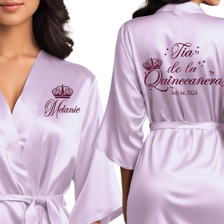 Beautiful quinceanera robes. Personalized satin robes for tia de la quinceanera.
